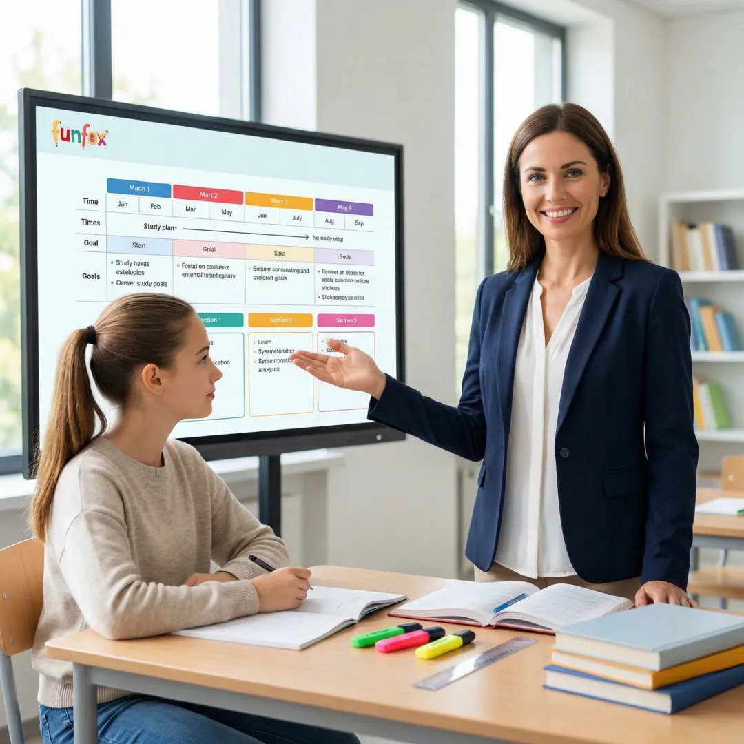 Step-by-step OC test preparation process with a tutor and primary school student