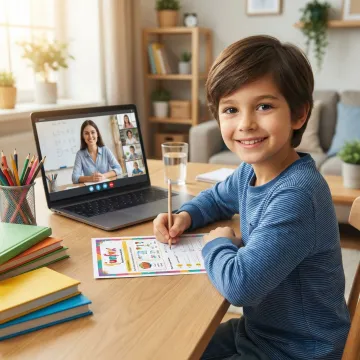 A child happily completing a reading worksheet at home during an online tutoring session
