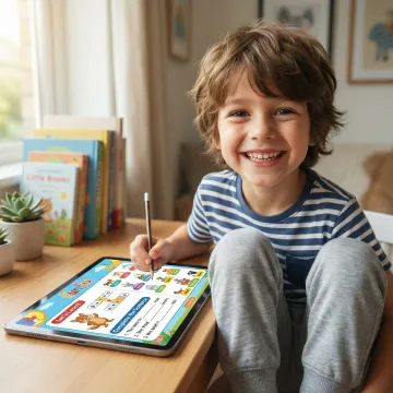 Child happily completing an interactive tutoring worksheet on a laptop at home