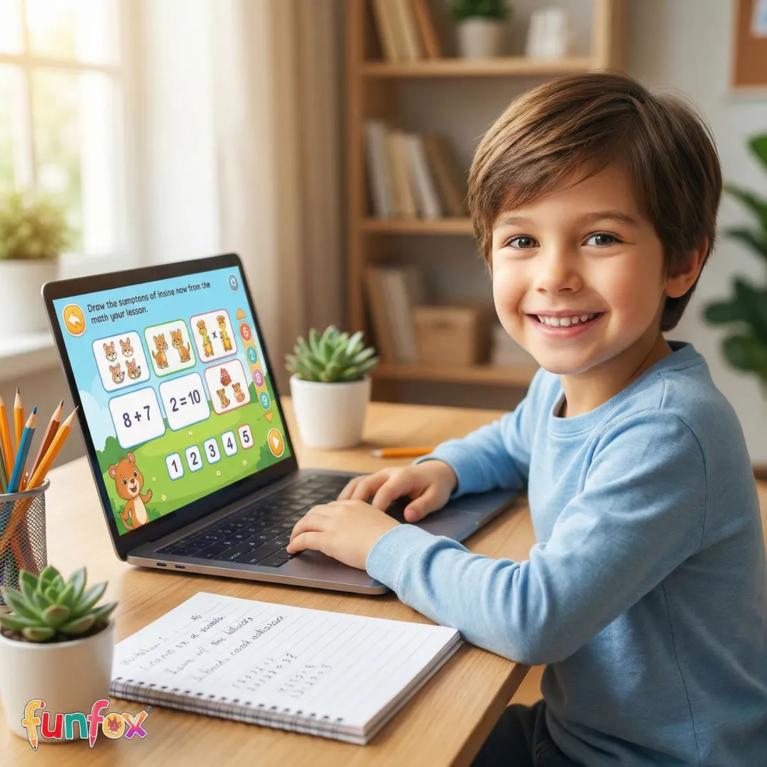 A young child happily learning to read on a laptop during an online tutoring session.