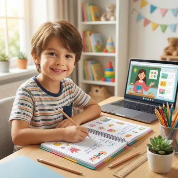 Child smiling while writing creatively in a notebook during an online lesson