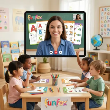 Teacher guiding a small group of children through an online reading lesson via video call