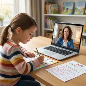 Qualified teacher providing feedback to a young student during an online tutoring session
