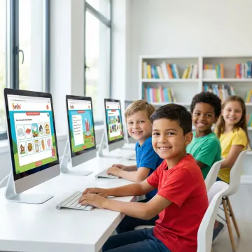 Small group of primary school children happily working through reading exercises with a tutor online