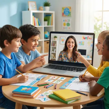 A qualified English tutor guiding a small group of primary school children through a reading activity online