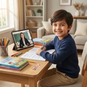 Qualified teacher providing personalised feedback to a young student during an online literacy class