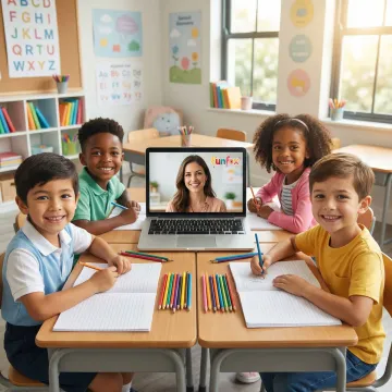 Small group of primary school children learning together in an online tutoring class