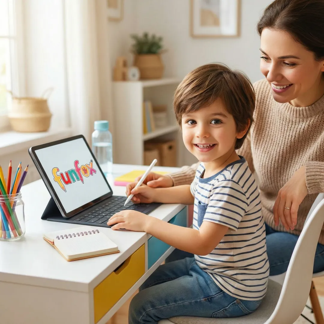 A young child attending an online early learning class on a tablet with a parent nearby