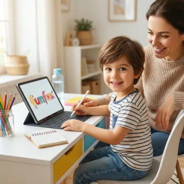 A young child attending an online early learning class on a tablet with a parent nearby