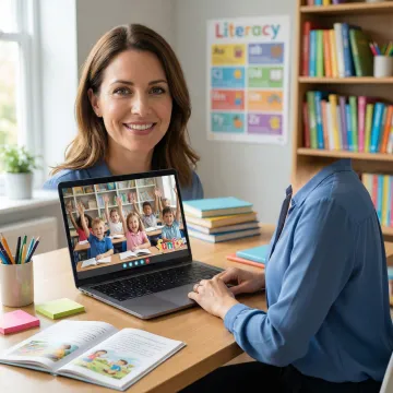 Qualified teacher leading a small group online tutoring session with primary school students