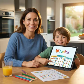 Parent and child reviewing a tutoring program lesson plan on a tablet at home