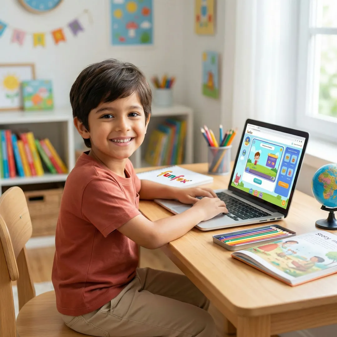 Child happily learning literacy skills online with a qualified FunFox teacher via video call