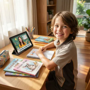 Qualified tutor conducting an engaging online English lesson with a primary school student