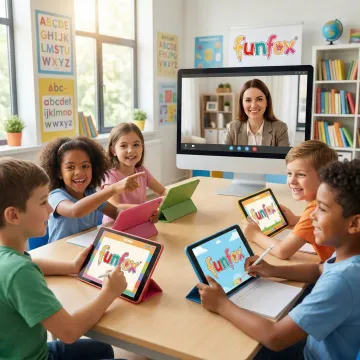 Children in a small online English class engaging with a teacher