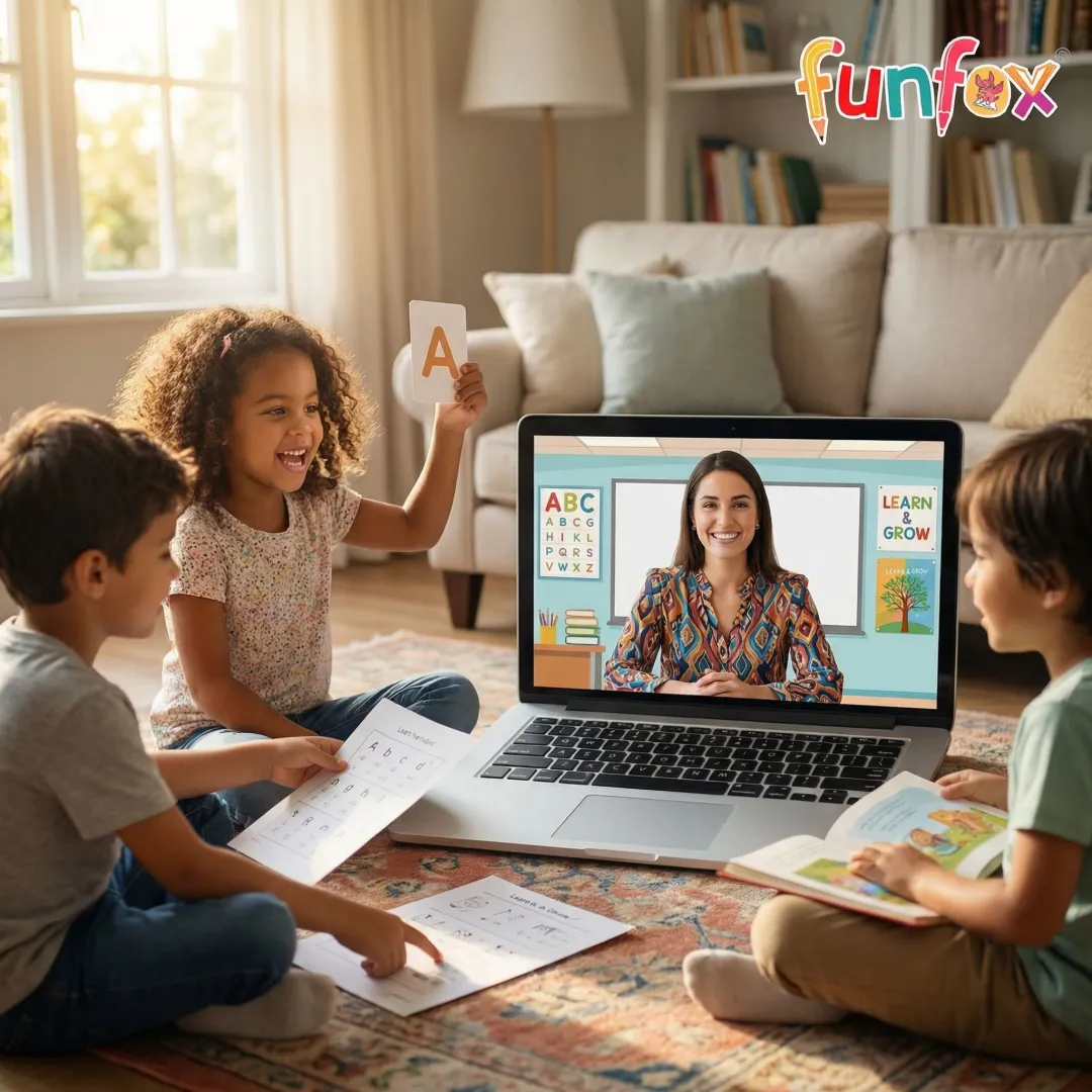 A qualified tutor guiding a small group of children through an interactive online lesson