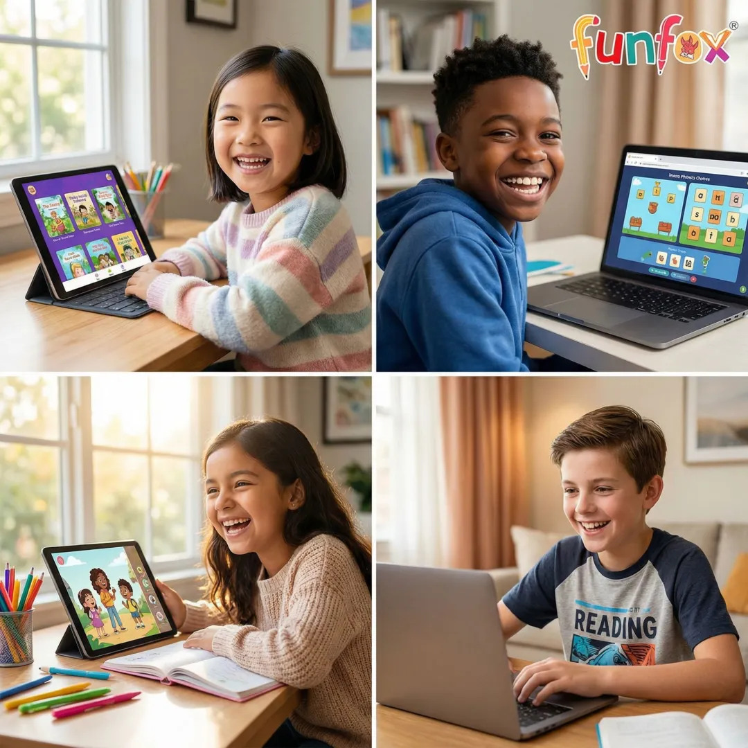 Small group of diverse children participating in an online English reading session
