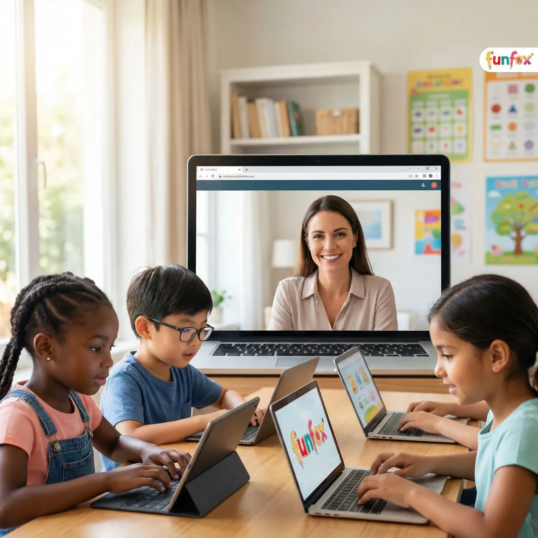 Qualified teacher leading an online writing lesson with a small group of primary school children
