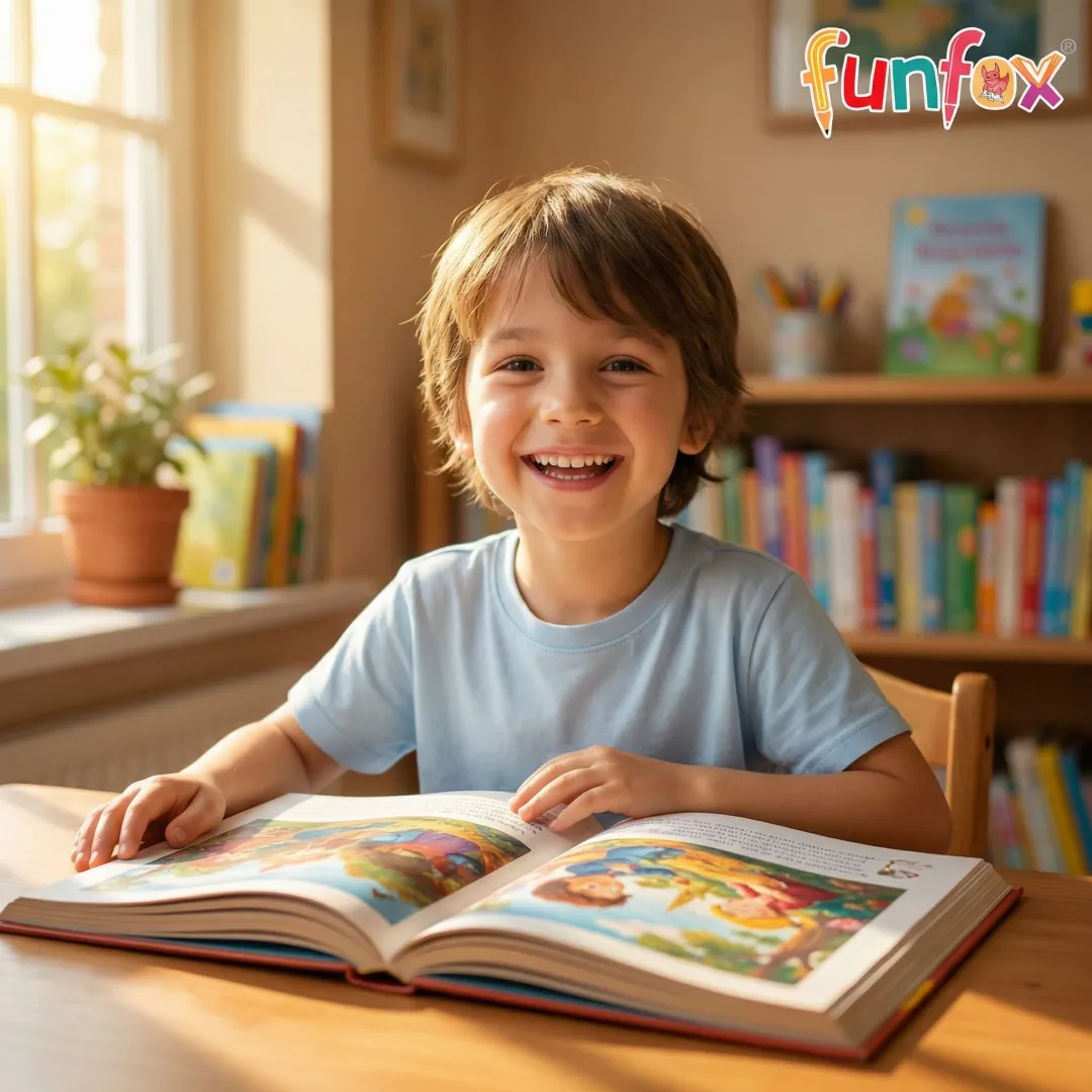 Child happily reading a book during a summer literacy session