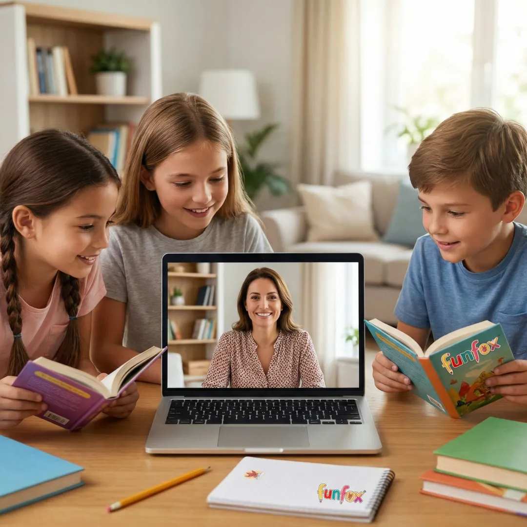 Teacher guiding a small group of Grade 6 students in an online reading session