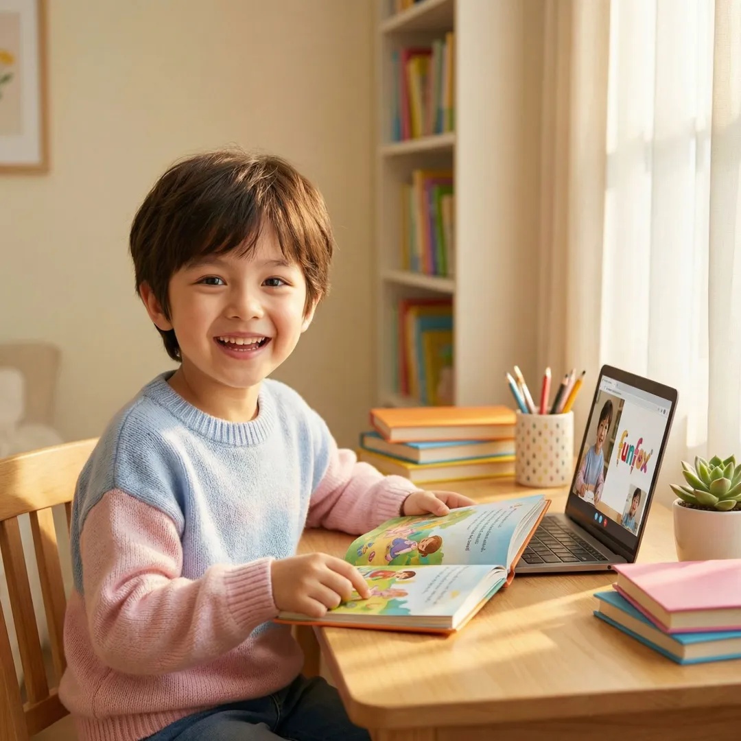 Happy child reading a book during an online FunFox tutoring session at home in Sydney