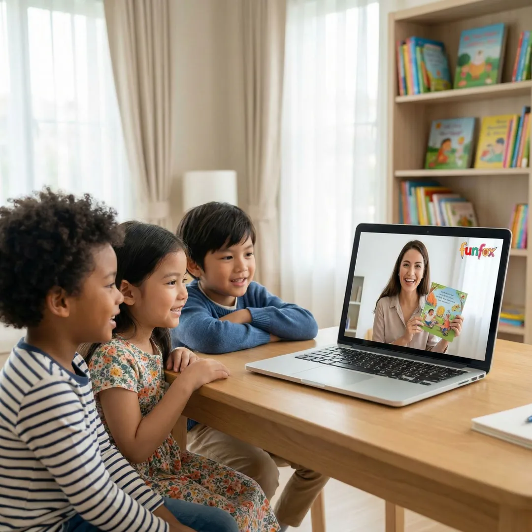 Qualified teacher guiding a small group of kids through an online reading session