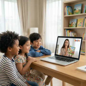 Qualified teacher guiding a small group of kids through an online reading session