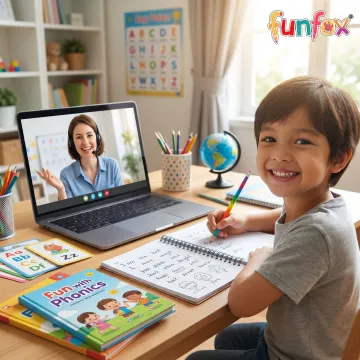 Child attending an online English writing class