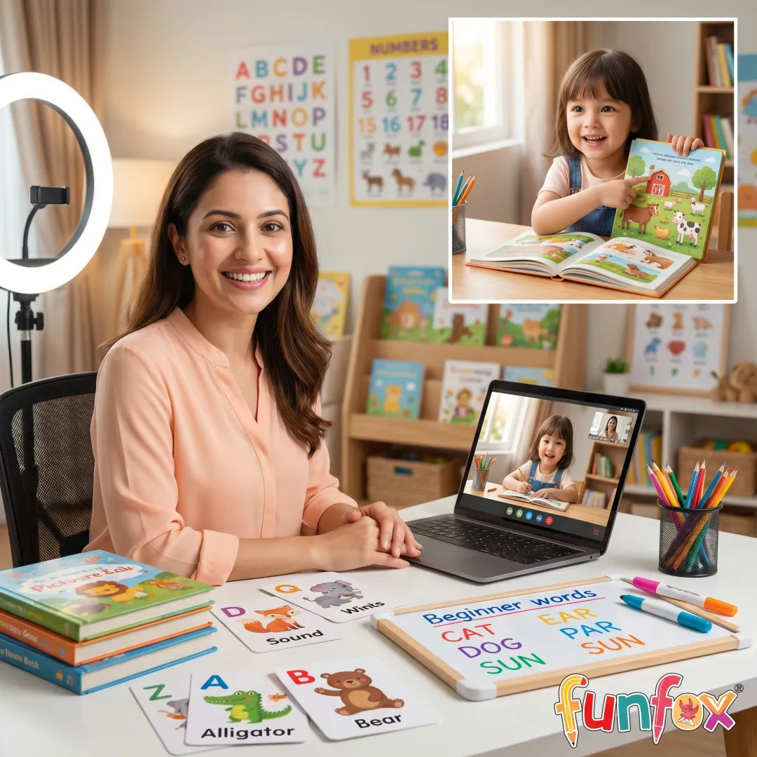 Teacher guiding a child through beginner reading activities