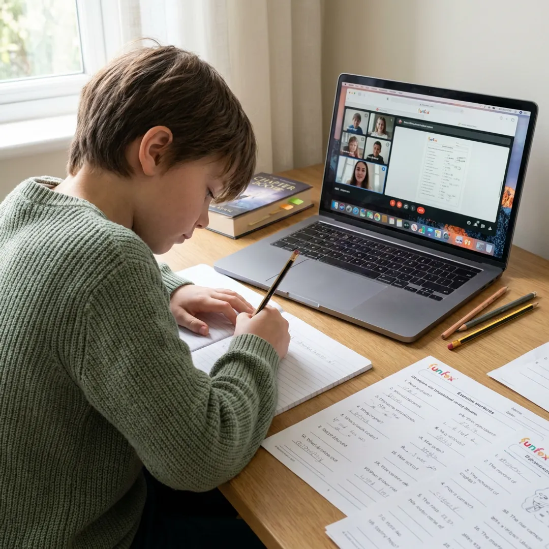Online English lesson with student worksheet