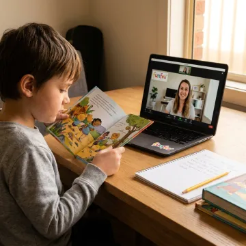 Child reading during an online tutoring lesson