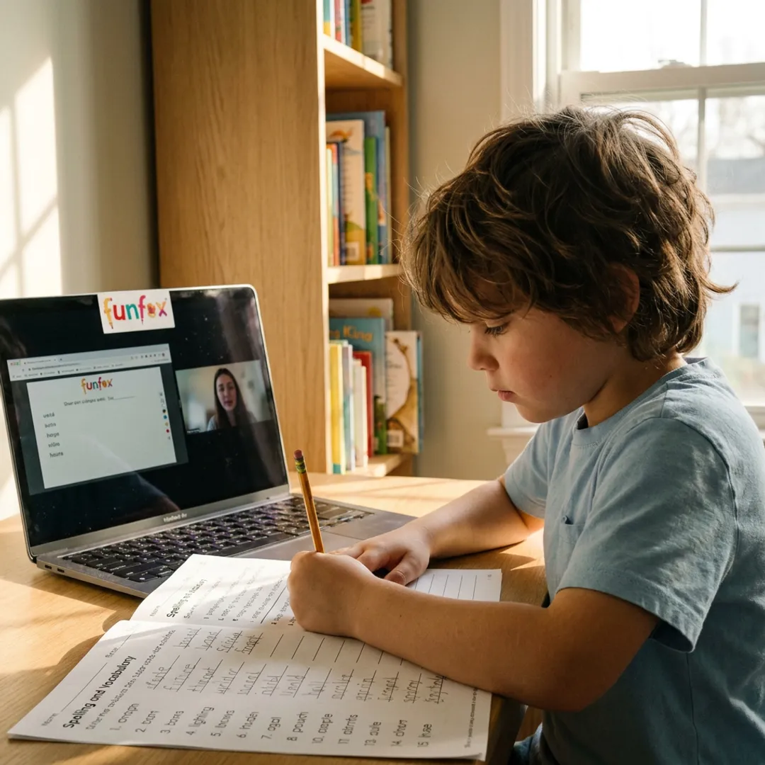 Teacher guiding a child through spelling practice online