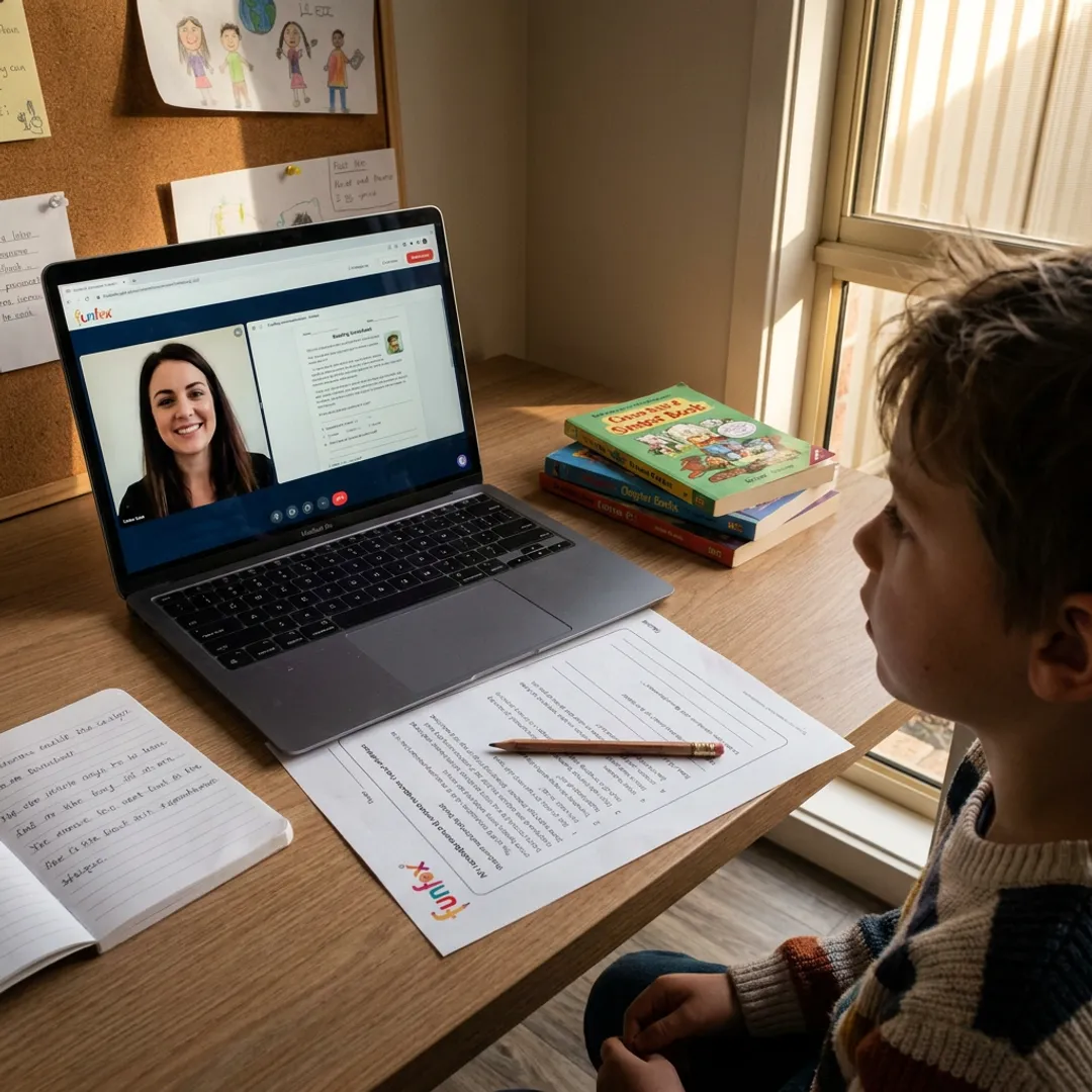 Teacher guiding a child through reading comprehension online