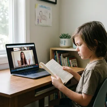 Child enjoying an online reading lesson