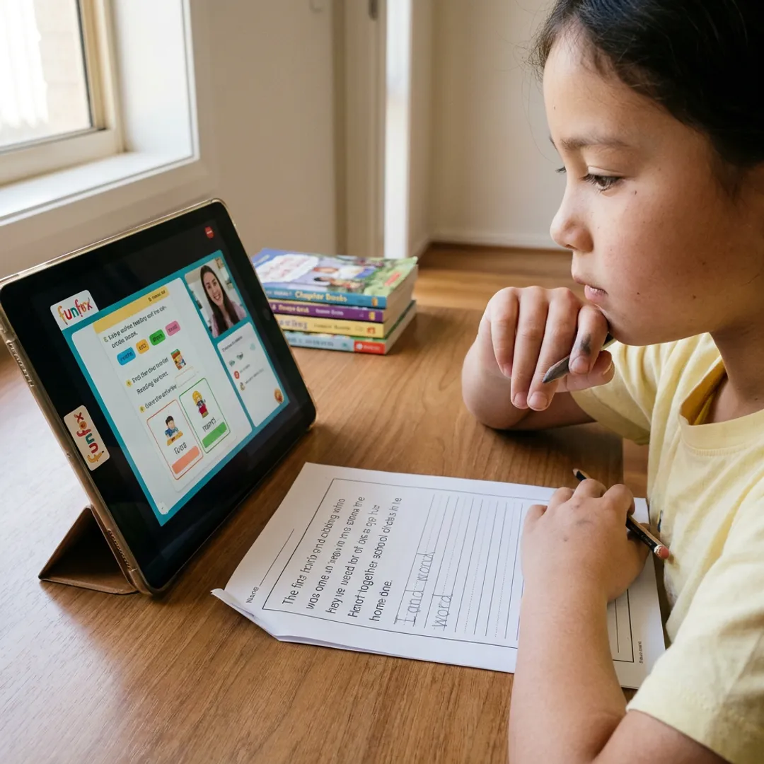Online tutor guiding a young child through lessons
