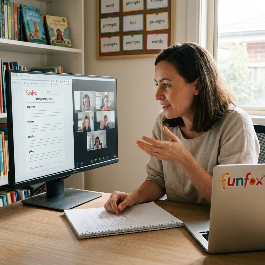 Teacher guiding children through online writing exercises