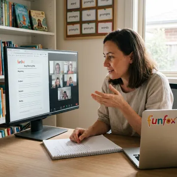 Teacher guiding children through online writing exercises