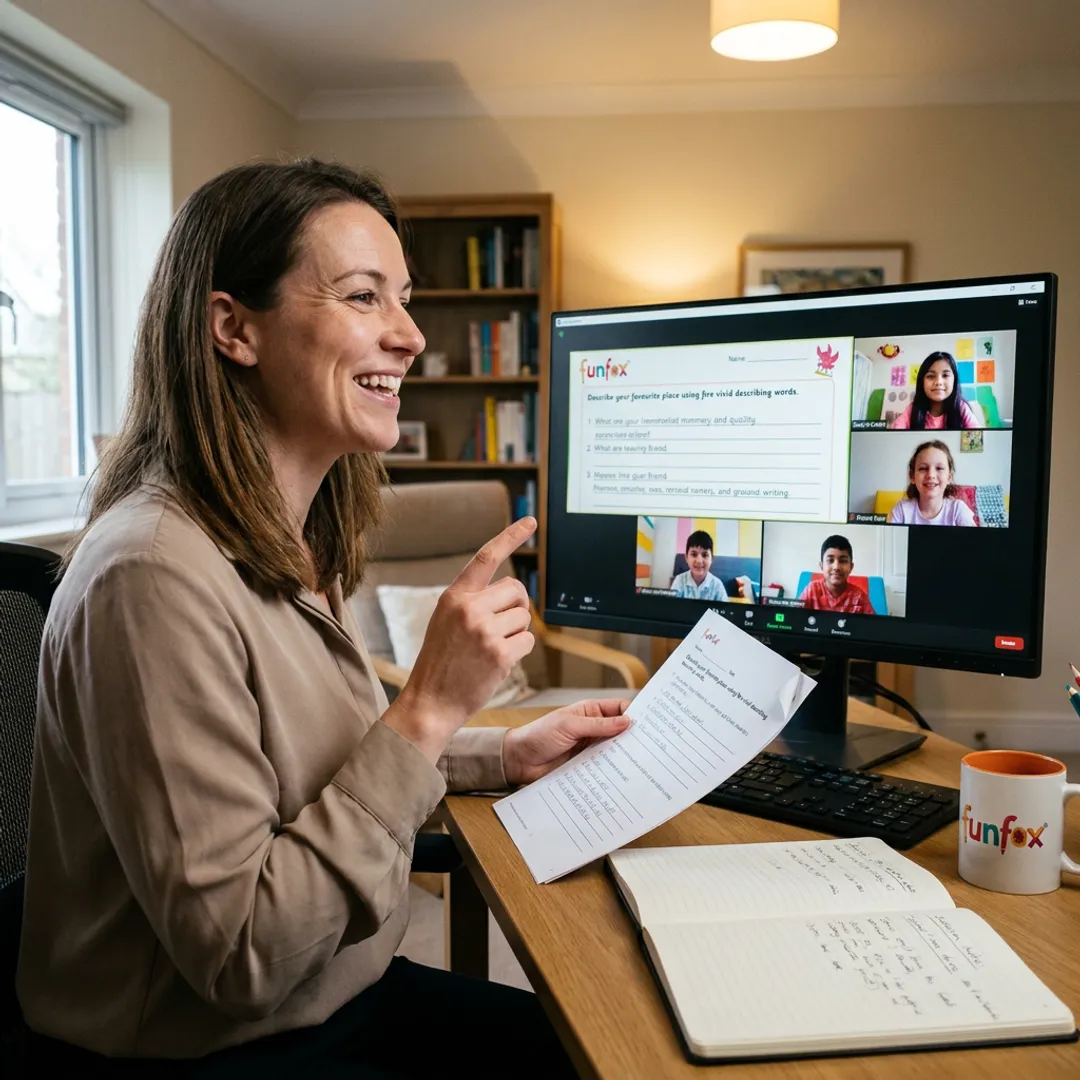 Teacher guiding students in online literacy tutoring