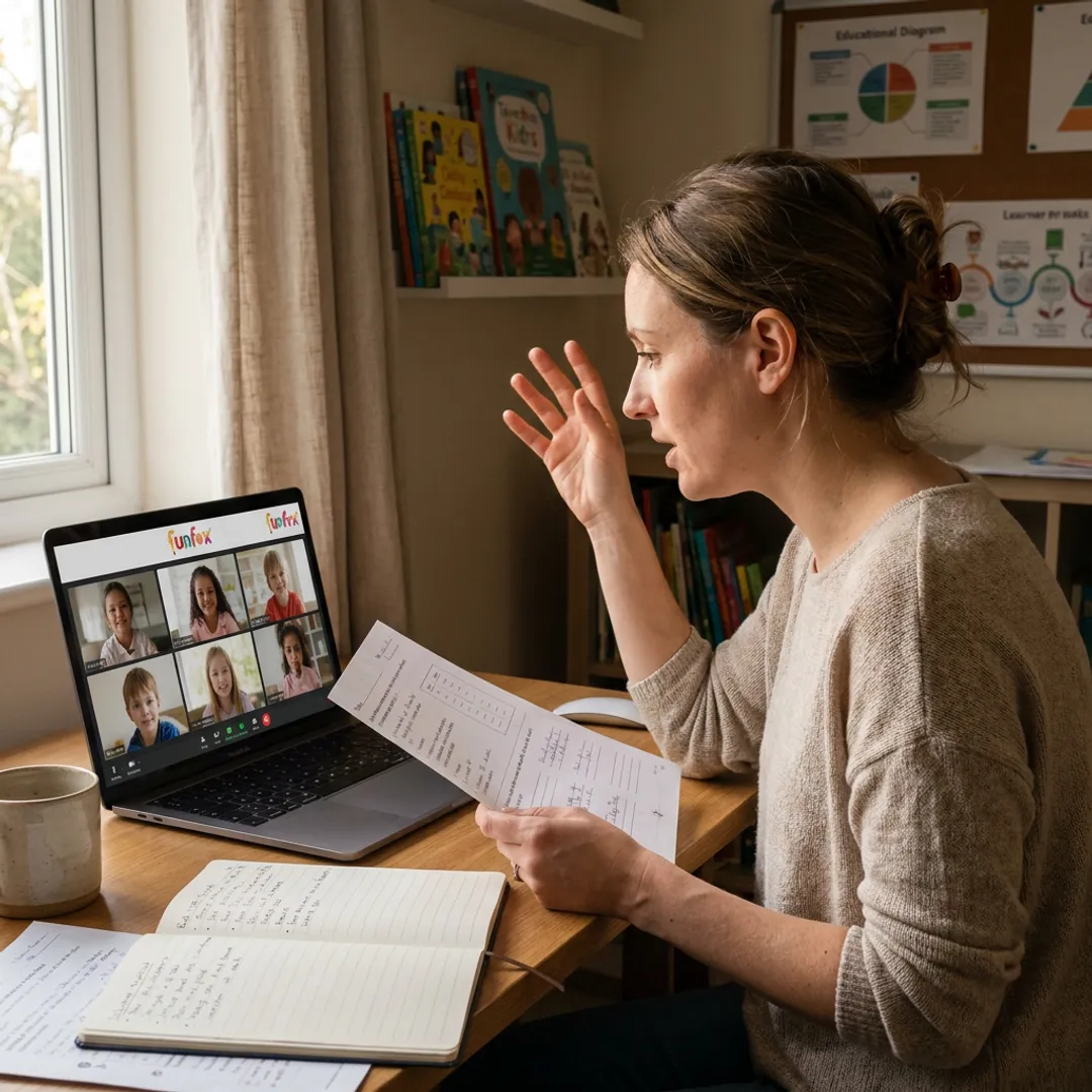 Teacher guiding children through online writing activities