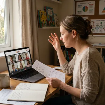 Teacher guiding children through online writing activities