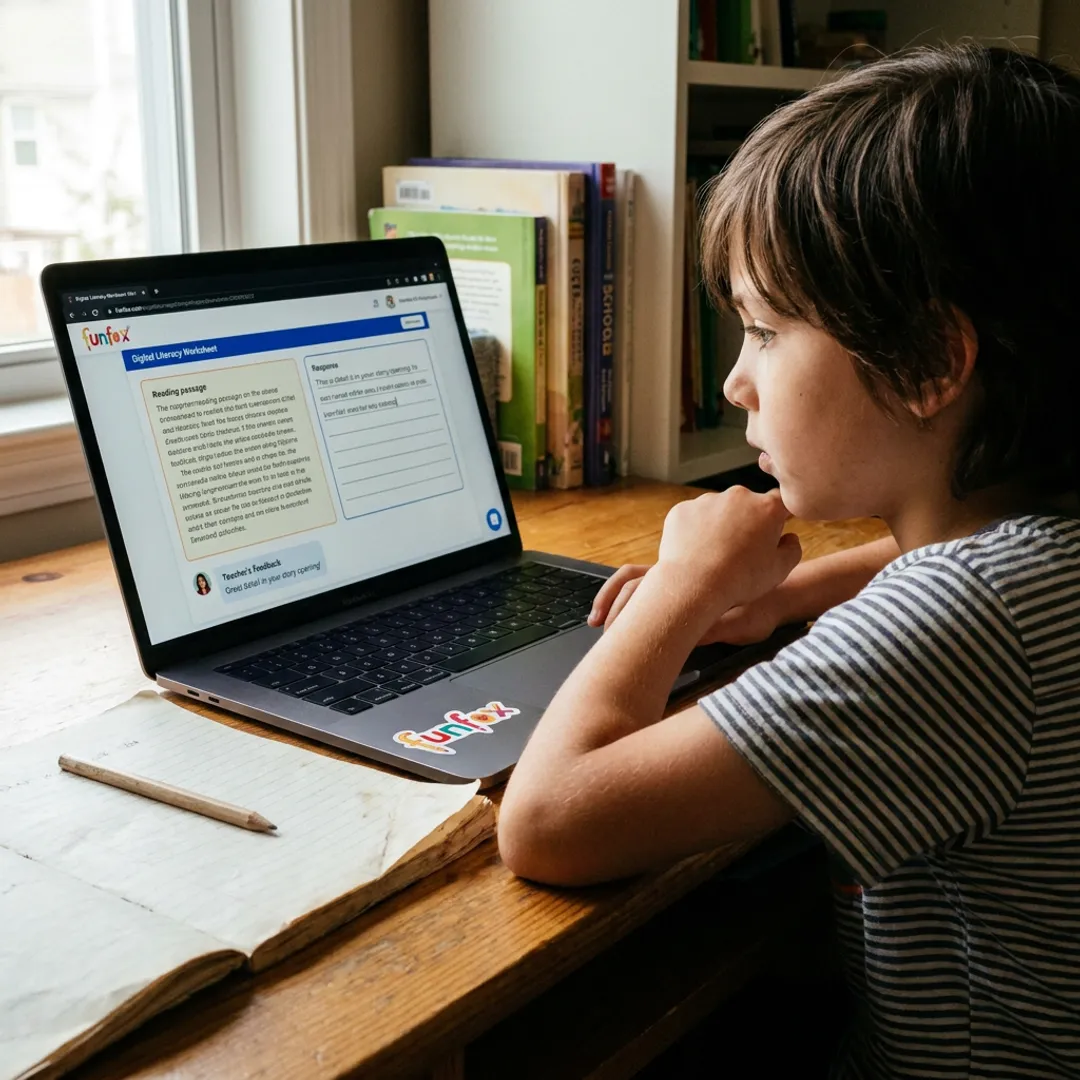 Child completing online literacy worksheet