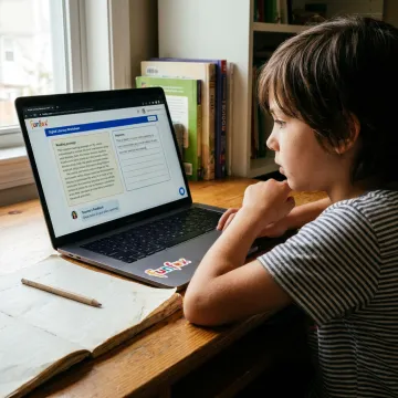 Child completing online literacy worksheet