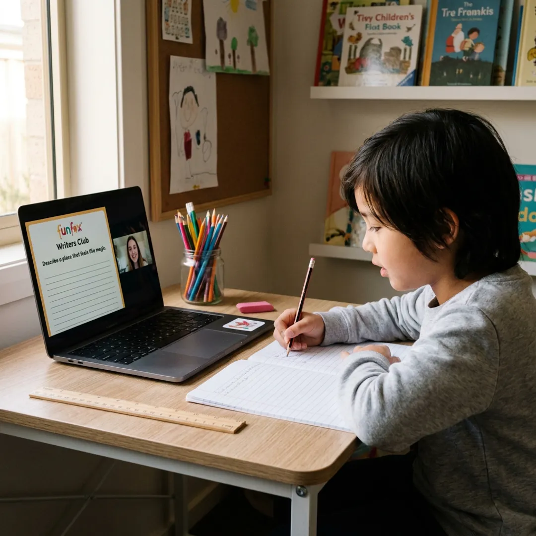 Teacher guiding a child through writing practice online