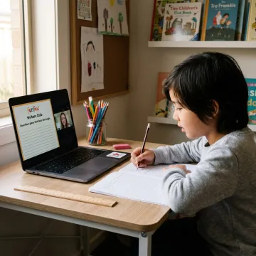 Teacher guiding a child through writing practice online