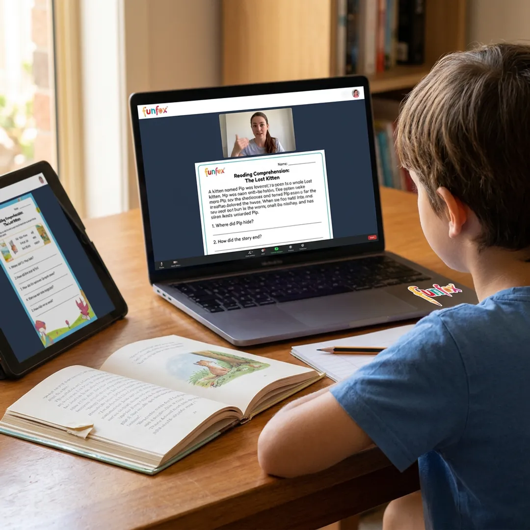 Teacher guiding children through reading comprehension