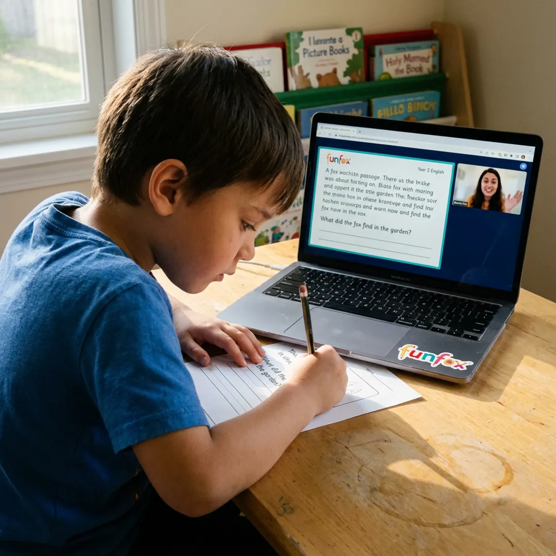 Online English lesson with worksheets and reading activities
