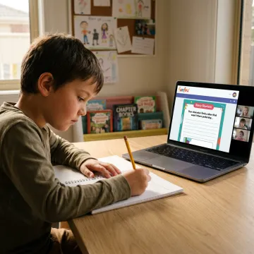 Child learning narrative writing in an online class