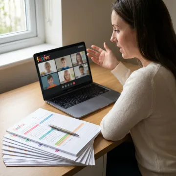Teacher guiding students through story writing online
