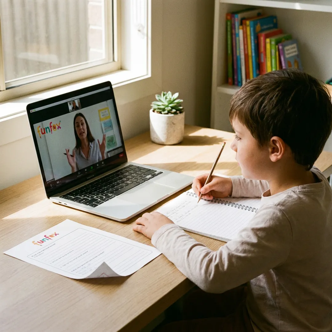 Child joining an online writing class from home
