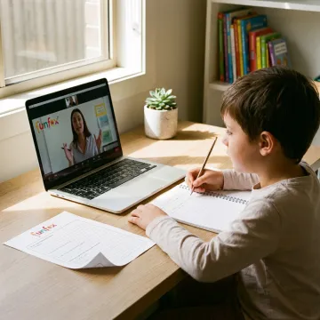 Child joining an online writing class from home