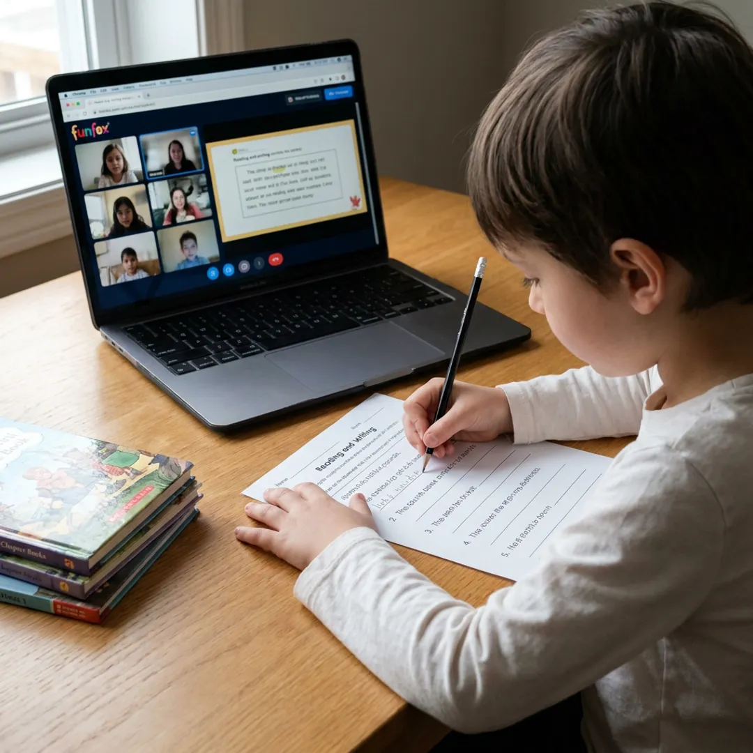 Child completing online literacy worksheet